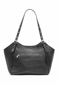 Czarna skórzana torba tote o fakturowanym wykończeniu, z zamykaną na zamek przednią kieszenią oraz regulowanymi paskami z ćwiekami.