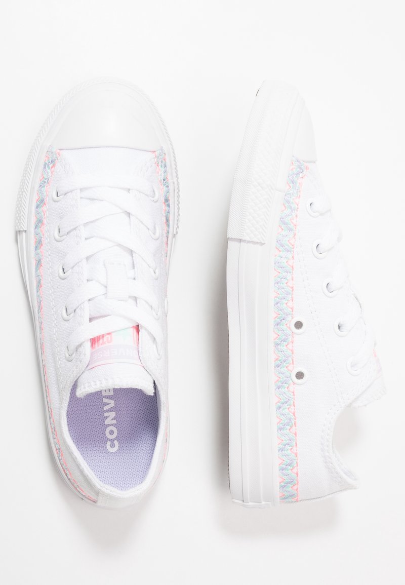 Baskets en toile blanche à bout rond, avec des coutures en zigzag multicolores le long des côtés et des semelles en caoutchouc blanches.