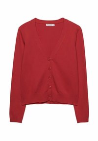 Rode gebreide cardigan met een V-hals, knopen aan de voorkant, lange mouwen en een ribgebreide onderkant. Gladde textuur, casual ontwerp en een getailleerde pasvorm.