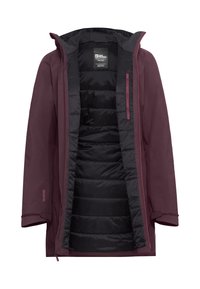 Bordeaux farbene wasserdichte Jacke mit abnehmbarer schwarzer isolierender Innenfutter. Enthält eine durch einen Reißverschluss geschützte Brusttasche und verstellbare Manschetten. Strukturiertes Außenmaterial.