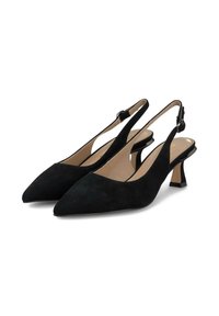Zapatos de tacón de ante negro con punta afilada, que cuentan con un tacón bajo de bloque y una correa en el tobillo, un forro interior suave y un diseño minimalista.