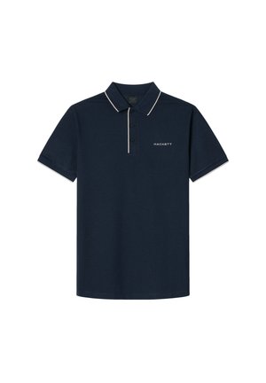 Polo shirt navy con colletto, maniche corte, dettagli bianchi a contrasto lungo il colletto e le maniche, e logo ricamato sul petto.