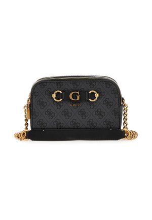 Kompakt sort Guess crossbody taske med guld kæde rem, guld "G" logo og præget mønster på tekstureret materiale.
