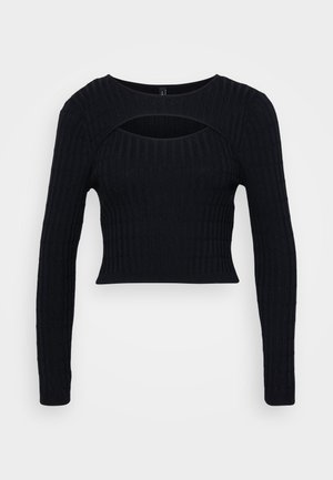 Crni rebrasti dugi rukav uski top sa širokim izrezom i malim izrezom ispod ključne kosti. Izrađen od teksturiranog, rastezljivog materijala.