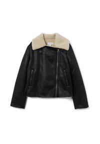 Giacca nera in ecopelle con colletto in ecopelliccia color crema, chiusura frontale con zip e due tasche anteriori con zip. Design corto.
