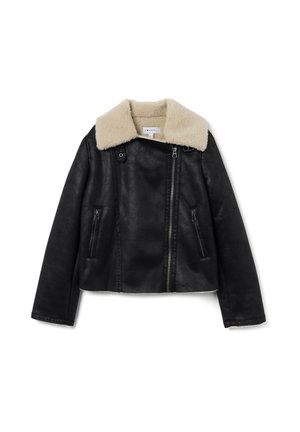 Giacca nera in ecopelle con colletto in ecopelliccia color crema, chiusura frontale con zip e due tasche anteriori con zip. Design corto.