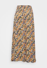 Dlouhá sukně s elastickým pasem a květinovým vzorem v oranžové, žluté, fialové a černé barvě. Materiál je lehký a má splývavý design.