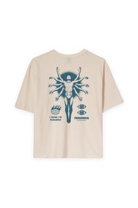 Beige cotton T-shirt with a graphic print on the back, depicting a figure with multiple arms, text, and design elements in blue.