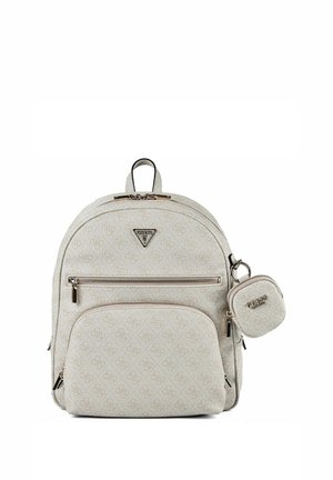 Hellbeiger Guess Rucksack mit vorderer Reißverschlusstasche, kleinem passendem abnehmbarem Täschchen und dezentem Allover-Logomuster.