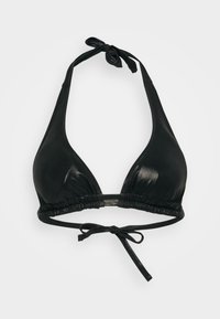Crni trokutasti bikini top s sjajnim završetkom, s podesivim vezicama oko vrata i leđa te nabranim detaljima na dnu.