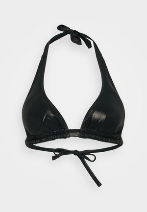 Black triangular bikini top with a glossy finish, featuring adjustable ties at the neck and back and gathered detailing at the base.