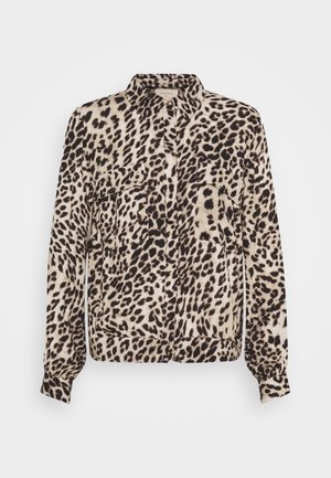 Overhemd met lange mouwen, knoopsluiting, met beige en zwarte luipaardprint en twee borstzakken.