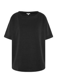 Black short-sleeve loose-fit T-shirt with round neckline and cuffed sleeves, displayed on white background.