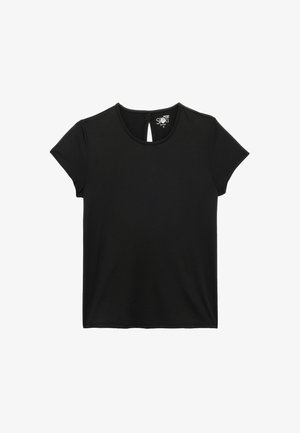 Musta lyhythihainen t-paita pyöreällä kaula-aukolla ja pienellä avaimenreiällä selässä. Liukas kangas ja vartalonmyötäinen siluetti.