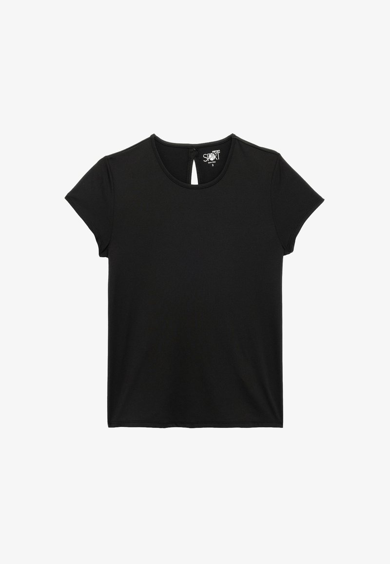 Sort kortærmet t-shirt med rund halsudskæring og en lille nøglehulslukning bagpå. Glat stof og tætsiddende silhuet.