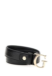 Zwarte leren riem met een gladde textuur, voorzien van een gouden 'G' gesp en een gouden logo accent op de band. Stijlvol en minimalistisch ontwerp.