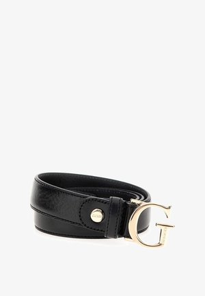 Black leather belt with a smooth texture, featuring a gold-tone "G" buckle and a gold logo accent on the strap. Stylish and minimalist design.