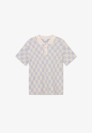 Short-sleeve polo shirt in a checkered pattern, featuring light blue and cream colors, a collared neck, and three-button placket.