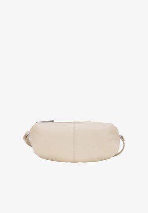 Beige Ledertasche mit abgerundeter Form, Reißverschlussverschluss und verknotetem Riemen. Glatte Textur mit feiner Narbungsdetail.