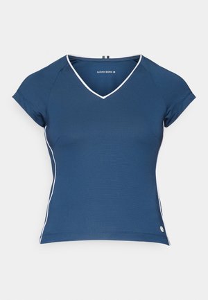 Top azul marinho de mangas curtas com decote em V, apresentando um acabamento branco ao longo do decote e das laterais. Feito de um tecido liso e elástico.