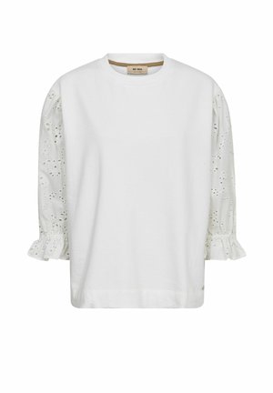 Weißes Langarmshirt mit bestickten Lochstickerei-Puffärmeln und Rüschenbündchen, Rundhalsausschnitt und lockerem Schnitt.