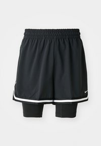 Black athletic shorts with an elastic waistband, featuring a loose outer layer and fitted inner shorts. White stripe accents at the hem.