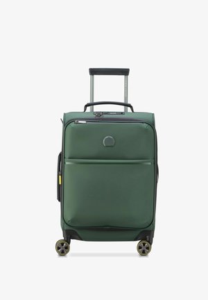 Green hardshell suitcase with a telescopic handle, four wheels, front zip pocket, and a round logo on the front. Matte finish with black accents.