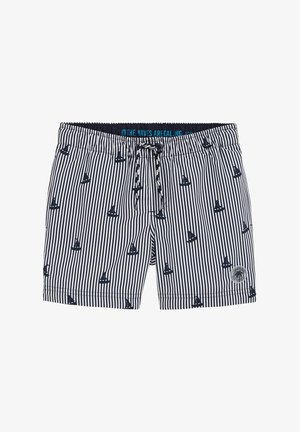 Granatowo-białe kąpielówki w paski z małymi wzorami łodzi, elastyczny pas ze sznurkiem do regulacji oraz logo palmy na dolnej prawej nodze.