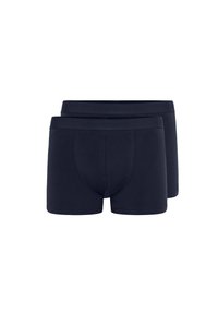 Temno modre bokser hlačke iz bombažnega mešanice s gladkim pasom, minimalnimi šivi in sprednjim žepkom. Prikazani dve pari skupaj.