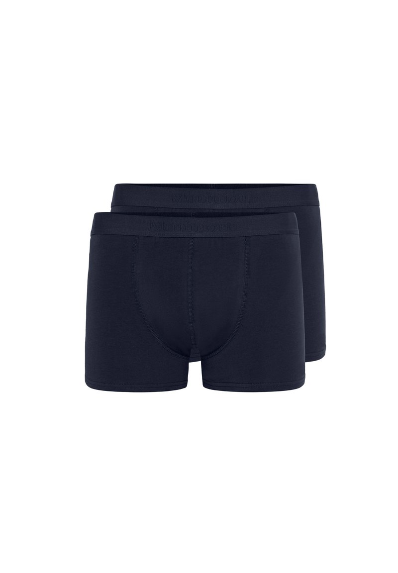 Temno modre bokser hlačke iz bombažnega mešanice s gladkim pasom, minimalnimi šivi in sprednjim žepkom. Prikazani dve pari skupaj.