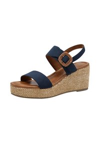 Sandale compensée bleu marine avec une boucle en détail tissé, deux larges bretelles et une semelle de plateforme texturée ressemblant à du jute, dotée d'une semelle intérieure en cuir lisse.