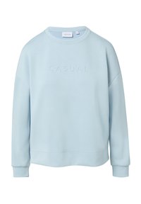 lichtblauwe sweatshirt van zacht materiaal, met een ronde hals, verlaagde schouders en het woord "CASUAL" in reliëf op de voorkant.