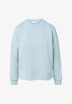 Light blue sweatshirt in soft material, features a crew neck, dropped shoulders, and the word "CASUAL" embossed on the front.