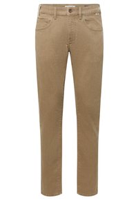 Pantalon beige droit avec bouton et fermeture éclair à l'avant, passants pour ceinture et poches avant, présenté sur fond blanc.