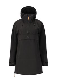Svart hoodiejacka i vattenavvisande material. Har en halvdragkedja fram och justerbara dragsnören vid huva och nederkant.
