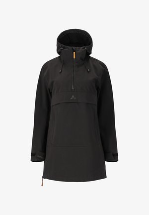 Sort pullover jakke med hætte, lavet af vandafvisende materiale. Har en halvlange lynlås fortil og justerbare snore i hætten og i kanten.