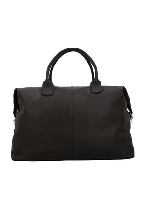 Black leather duffel bag with two rounded handles and a soft, slightly textured surface.