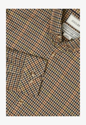 Brushed cotton shirt featuring a plaid pattern in brown, blue, green, and orange. Includes buttoned collar and cuffs with beige buttons.