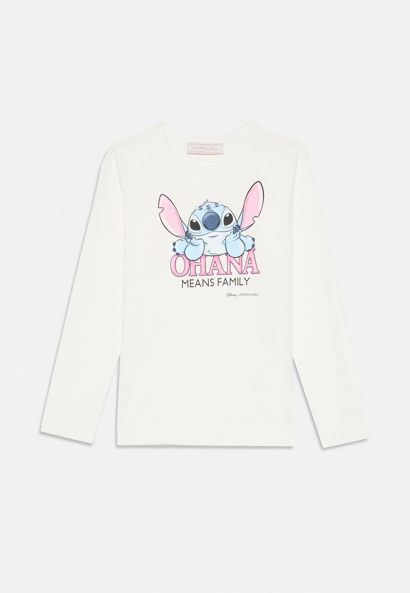 Hvit langermet skjorte med en tegneserieversjon av Stitch med rosa ører og teksten "OHANA MEANS FAMILY" i rosa under. Mykt bomullsmateriale.
