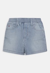Striped denim shorts in blue and white, featuring a relaxed fit, two front pockets, and a waistband with elastic for comfort.