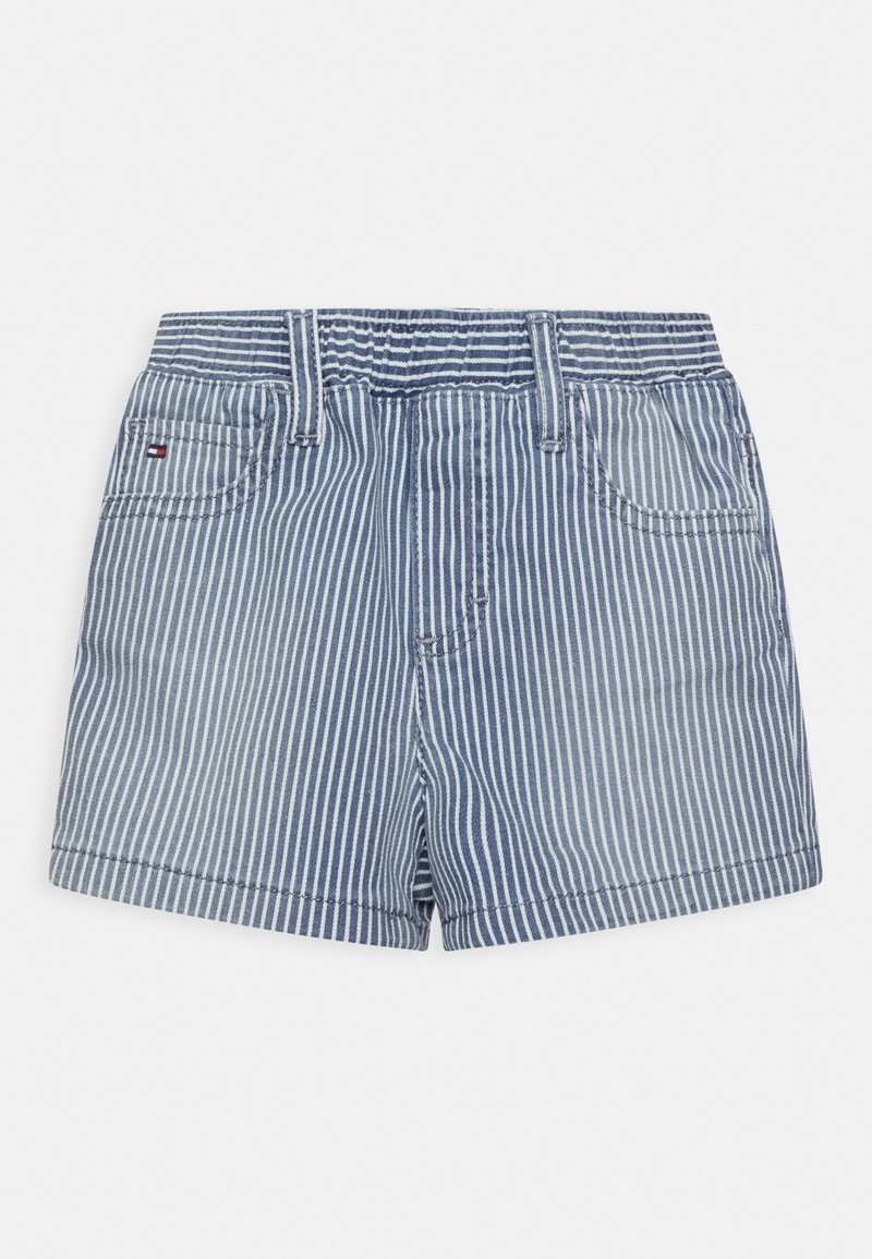 Striped denim shorts in blue and white, featuring a relaxed fit, two front pockets, and a waistband with elastic for comfort.