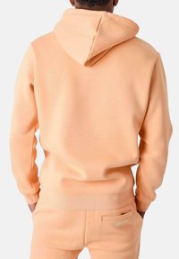 Hoodie color pesca con cappuccio regolabile, polsini e vita a costine. Il materiale sembra morbido e con una texture, caratterizzato da un design minimalista.