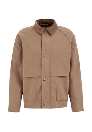 Giacca di cotone marrone con colletto in corduroy, bottoni a pressione, due grandi tasche frontali e un design semplice e dritto.