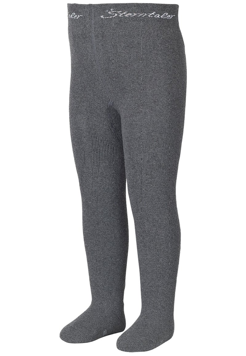 Gray knitted tights with a textured finish and an elastic waistband featuring the brand name in white. Smooth textile with full-leg coverage.
