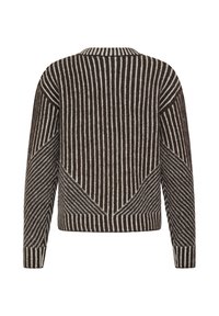 Pull à rayures marron et blanc vu de dos, avec des lignes verticales et diagonales formant des motifs géométriques sur les manches et le corps.