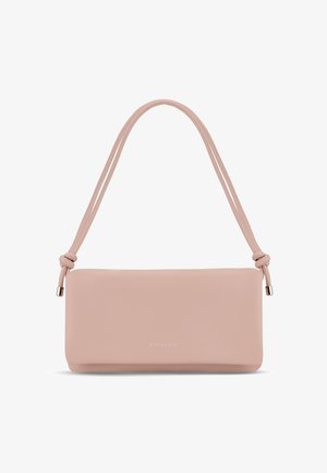 Borsa in pelle rosa con una texture liscia, forma rettangolare e due manici annodati. Presenta un branding discreto vicino al fondo.