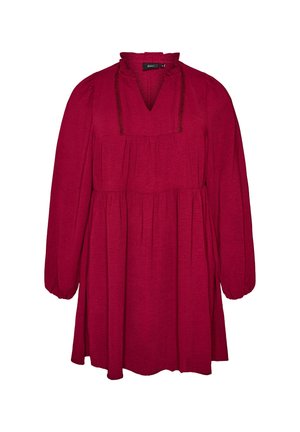 Vestido de manga larga rojo oscuro con cuello con volantes, escote en V, cintura fruncida y falda suelta y fluida.