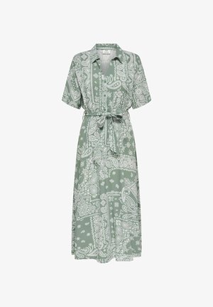 Vestido midi verde con estampado de cachemira blanco, manga corta, cuello, parte delantera abotonada y cinturón a juego para atar en la cintura.