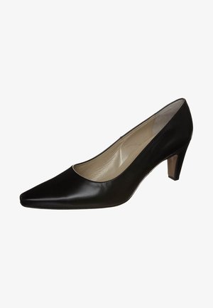 Escarpin noir en cuir avec un bout pointu, un design échancré et un talon bloc modeste. L'intérieur dispose d'une doublure lisse de couleur claire.