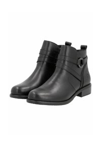 Bottines en cuir noir avec un petit talon bloc, dotées de deux sangles horizontales et d'un détail de boucle sur le côté. Texture lisse, design à bout rond.